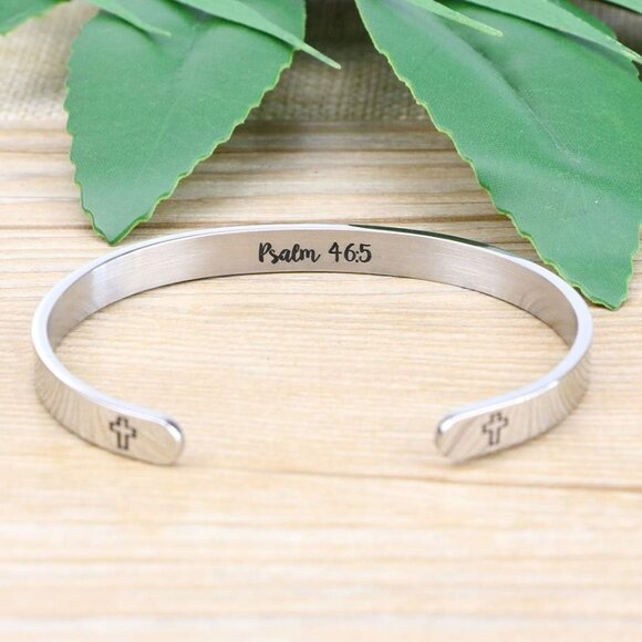 Elegant Stainless Steel Cuff Bracelet for Women - God is Within Her Psalm 46:5 - Picture 4 of 7